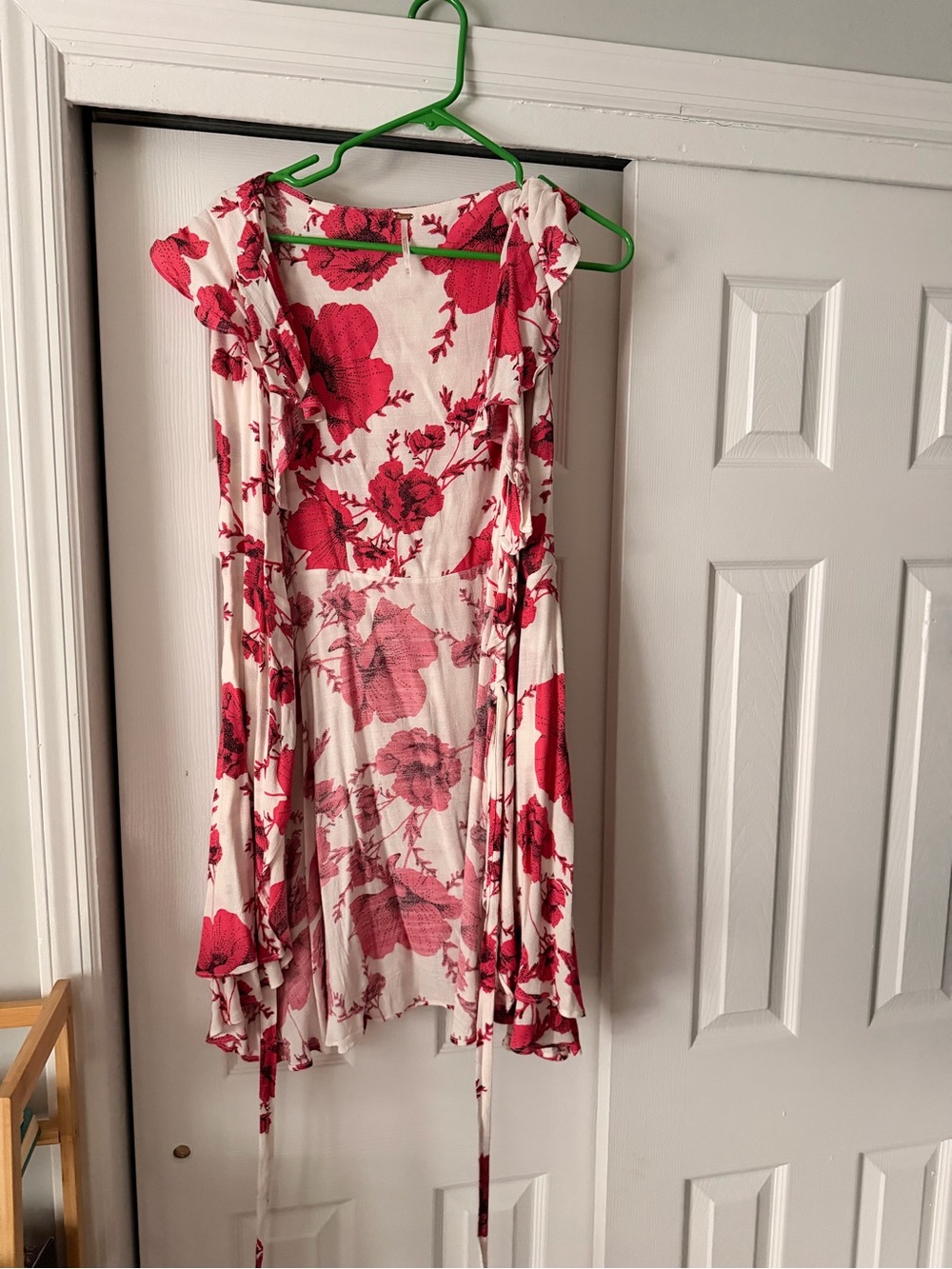 Free People White Dress with Red Floral Print and Ruffle Details